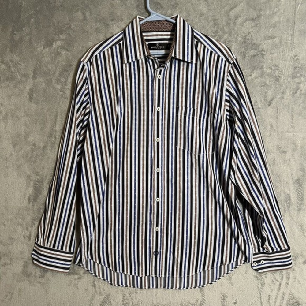 Bugatchi Uomo Men's Lg LS Button Down Multi-Color Striped Shirt‎ Flip Cuff EUC